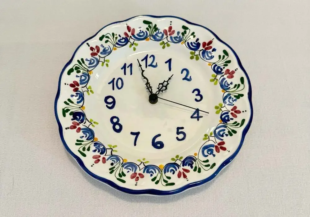 Hand-Painted Ceramic Floral Wall Clock, 10.5-inch Scalloped Edge